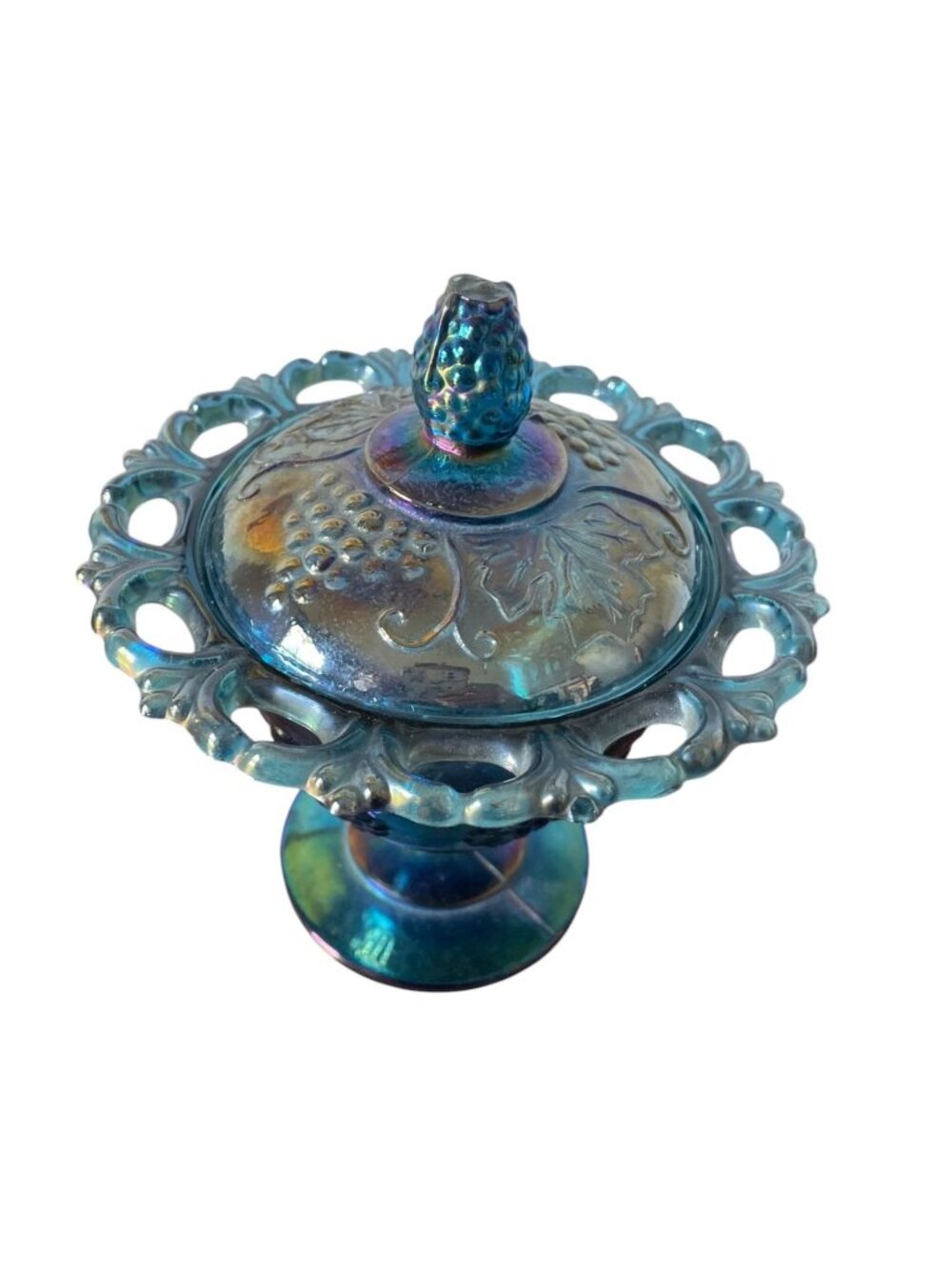 Vintage Indiana Glass Blue Carnival Glass Pedestal Candy Dish with Lid – Harvest - Picture 2 of 4